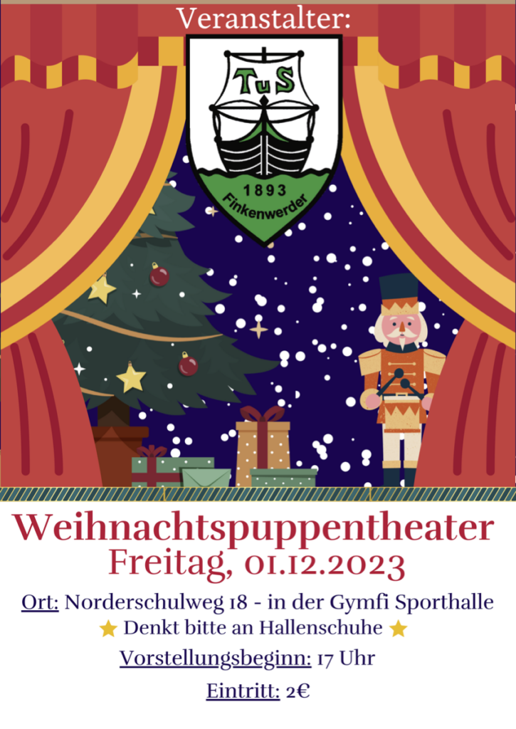 Flyer fürs Puppentheater vom TuS Finkenwerder. Darauf ist ein Weihnachtsliches Symbolbild von einem Puppentheater zu sehen.