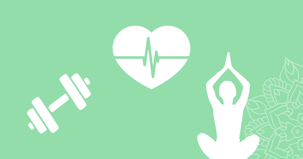 Symbolbild zur Sparte Gesundheitssport. Man sieht eine Silhouette einer Hantel, eines Herzen mit EKG und eine Yogapose.