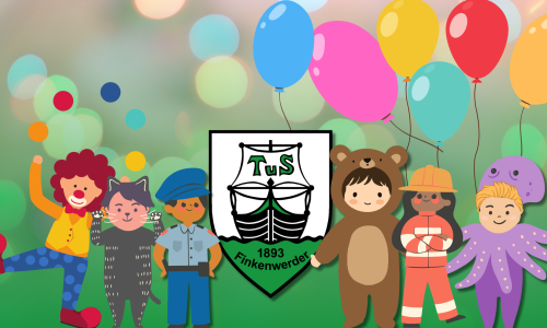 Eine Grafik auf der man sechs Kinder in Kostümen sieht. Ein Polizist, ein Drache, eine Superheldin, ein Skelett, eine Katze und eine Bauarbeiterin. Auch auf dem Bild das Logo vom TuS Finkenwerder.