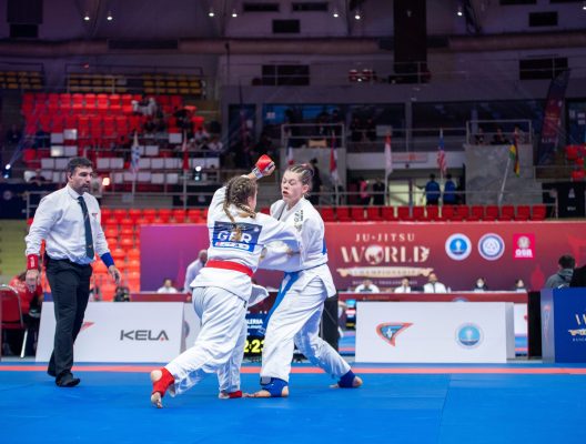 Jette Kuhn (hier mit rotem Gürtel) und Sophie Janson (nicht auf dem Foto) vom TuS Finkenwerder qualifizierten sich und reisten zur Ju-Jutsu Weltmeisterschaft 2025 in Bangkok (Foto: DJJV)