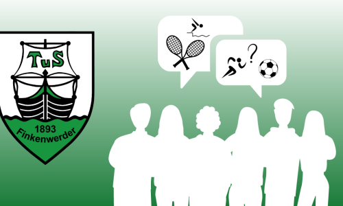 Symbolbild Mitgliederversammlung vom TuS Finkenwerder. Silhouetten von Menschen diskutieren über Sportarten, die in Sprechblasen dargestellt werden.