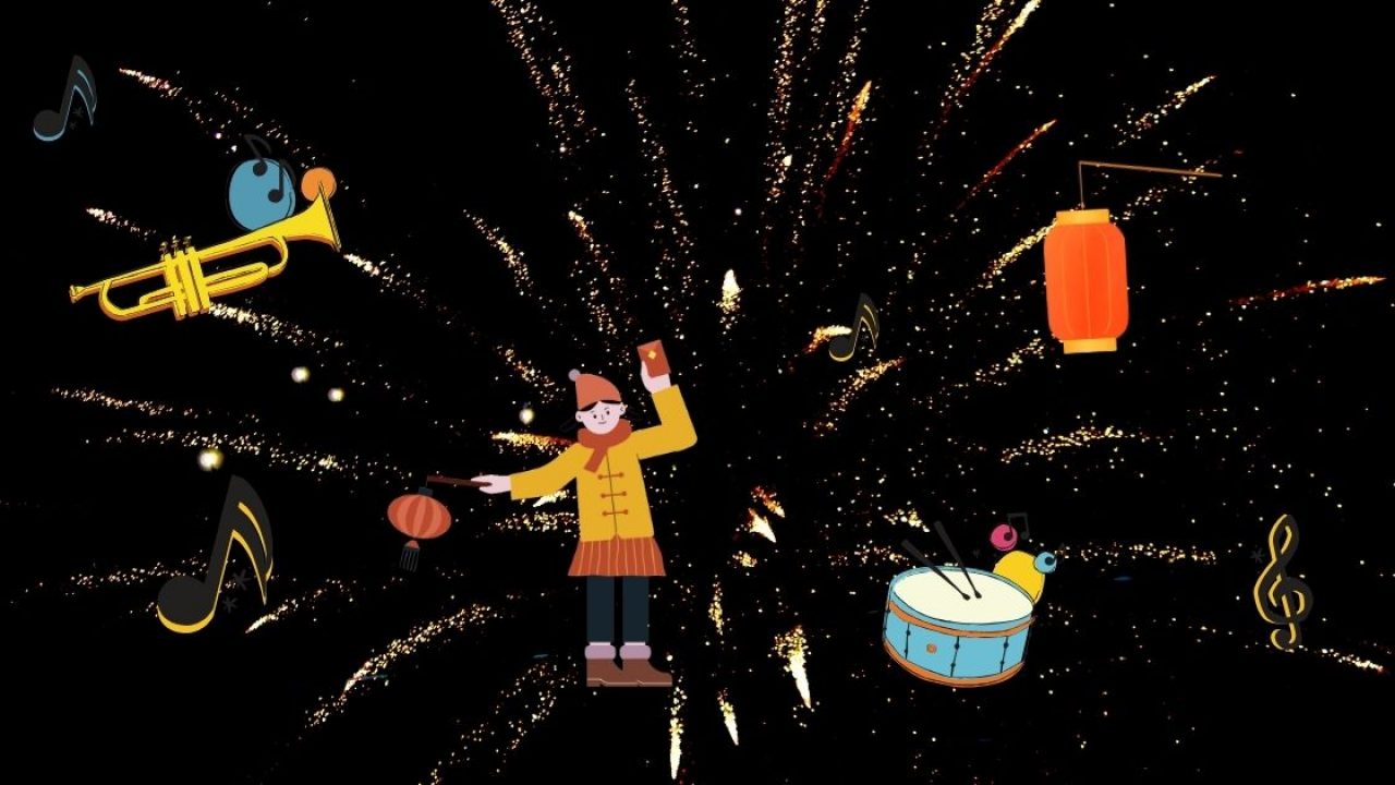 Symbolbild Laternenumzug mit Feuerwerk: darauf zu sehen sind ein Mädchen mit Laterne, Instrumente und ein Feuerwerk